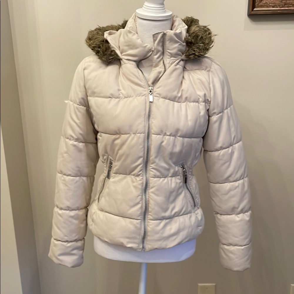 H&M Cream Puffer Jacket with Faux Fur Trim